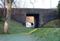 <I>Eejits away.... with a wave!</I> EC heading west along the route of the NB-Caley link line at Peebles via the hole in the Tweed Bridge on Boxing Day 2013 - destination Broughton. [See image 37343]<br><br>[John Furnevel 26/12/2013]