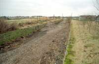 The platforms of Lonmay station looking north towards Fraserburgh in February 1997. Preparations for turning the trackbed into a footpath/cycleway were getting underway at this time. [Ref query 5363]<br><br>[Ewan Crawford /02/1997]