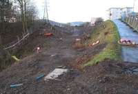 The gap recently openened up on Winston Road, Galashiels, photographed on Boxing Day 2013. A new bridge will eventually span the Borders Railway here. [See image 47848]<br><br>[John Furnevel 26/12/2013]