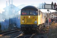 Colas 56105 and home-based 47643 pull away from Boness on 29 December  with the 11.30 train to Manuel.<br><br>[Bill Roberton 29/12/2013]