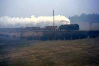 Photograph taken from an East Kilbride branch train climbing towards Busby Junction on a misty March morning in 1965 bound for St Enoch. Britannia Pacific 70008 <I>Black Prince</I> is held at signals on the main line with a northbound freight.<br><br>[John Robin 12/03/1965]