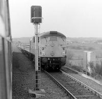 A class 26-hauled train of new track panels being passed in Thornton Junction down loop in May 1985.<br><br>[Bill Roberton /05/1985]