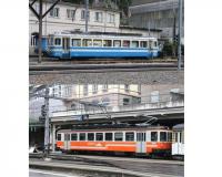 At first glance these two MOB metre gauge single car units at Montreux look quite similar. However, 1001 (top), stabled on the depot, is a veteran built in 1955 - whereas 1007, seen between duties in the station platforms, is a comparative youngster dating from 1997 and recently repainted in this new orange <I>Goldenpass</I> livery.   <br><br>[Mark Bartlett 08/09/2013]