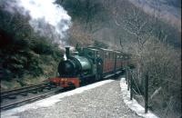 An arrival at Abergynolwyn on the Talyllyn Railway in April 1970. <br><br>[John Thorn /04/1970]