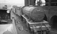 K3 2-6-0 no 61851 on the scrap road at Eastfield in January 1962. The locomotive was in transit between Woodford Halse, from where it had been withdrawn in November 1961 and Cowlairs Works, where it was eventually cut up in August 1962. <br><br>[David Stewart 21/01/1962]