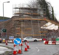 View south west over Hardengreen roundabout on 17 January showing the south tower of the Borders Railway bridge under construction.<br><br>[John Furnevel 17/01/2014]