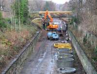 View towards Edinburgh from the A768 at the north end of the old Eskbank station on 17 January. The interesting looking bridge carries the B6392 Melville Road over the trackbed.<br><br>[John Furnevel 17/01/2014]