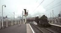 Black 5 no 44899 is about to run through the station at Newton, Lanarkshire, with a down cement train on 16 October 1965.<br><br>[John Robin 16/10/1965]