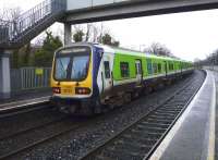 A Maynooth to Dublin (Pearse) DMU awaits its departure time at Coolmine station, Co Dublin, on 18 January 2014.<br><br>[John Steven 18/01/2014]