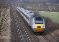 The 07.10 Leeds - Aberdeen HST powered by 43308 and 43320 heads away from Inverkeithing East Junction on 21 January.<br><br>[Bill Roberton  2/01/2014]