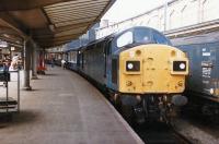 Class 40 no 40131 with a train boarding in bay platform 5 at Carlisle on 23 July 1982.<br><br>[Colin Alexander 23/07/1982]