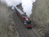 45699 <I>Galatea</I> is working hard but near the summit of the climb from Whalley as it leaves Wilpshire Tunnel with a ten coach test train from Carnforth on 29 January. The Jubilee was scheduled to haul its first 2014 excursion three days later. <br><br>[Mark Bartlett 29/01/2014]