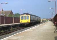 A 2-car class 108 Derby unit departs eastwards from Lostock Hall station on a sunny spring morning in April 1982 with a service to Colne.<br><br>[John McIntyre /04/1992]