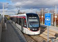 Edinburgh Tram 277 calls at Gyle Centre on a demonstration run on 4 February 2014.<br><br>[Bill Roberton 04/02/2014]