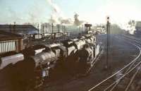 Looking south over Upperby shed in late November 1964. Locomotives in the foreground include 45613, 44461, 46225 and 46237. In the middle distance are two Britannias, with 46238 and 46250 standing to their right.<br><br>[John Robin 28/11/1964]