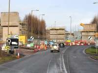 Almost ready for the deck - three bridge supports - Hardengreen Roundabout. Approaching on the A7 from the south on 8 February 2014 [see image 43044]. <br><br>[John Furnevel 08/02/2014]