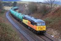 Colas Rail 56087 rounds the curve at the former Cowdenbeath North Junction on 12 February with the 6L82 Linkswood - Grangemouth empty tanks.<br><br>[Bill Roberton 12/02/2014]