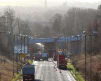 Hardengreen roundabout - a bridged version! View south along the (closed) A7 towards Hardengreen roundabout on a bright and sunny Sunday morning 16 February 2014 - with the bridge deck now in place. <br><br>[John Furnevel 16/02/2014]