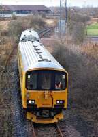 Network Rail Track Assessment Unit 950001 awaiting the signal at Inverkeithing East Junction 10 February 2014.<br><br>[Bill Roberton 10/02/2014]