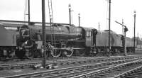 Black 5 No. 44910 stored at Upperby on 27th August 1967. The painted shed code 8L is prominent on the smokebox door but the loco had been transferred to Kingmoor some weeks earlier on closure of Aintree shed. 44910 was later transferred to Newton Heath from where it was eventually withdrawn in June 1968.<br><br>[Bill Jamieson 27/08/1967]