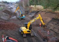 View north towards the Edinburgh city bypass on 18 February with work in progress on the trackbed. [See image 38733] <br><br>[Bill Roberton 18/02/2014]