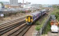 158848 is about to pass below Park Street Bridge, Hull, on 23 April 2009 with the 09.41 Sheffield - Hull - Scarborough service. The train will reverse at Hull station for the trip north along the Yorkshire coast.<br><br>[John Furnevel 23/04/2009]