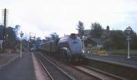 Gresley A4 60019 <I>Bittern</I> hurries north through Dunblane station on 27 July 1965 with the 5.30pm Glasgow Buchanan Street - Aberdeen.  <br><br>[G W Robin 27/07/1965]