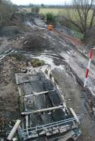 The end. The old platelayer's hut that stood just south of Lady Victoria Pit reduced to flat-pack form on 22 February 2014. View south towards Gorebridge. [See image 42708]<br><br>[Ewan Crawford 22/02/2014]