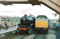 Black 5 no 5000 stands alongside 25056 at Bewdley station on the Severn Valley Railway in May 1981.<br><br>[Colin Alexander /05/1981]