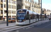 Tram 258 leaves the York Place terminus during trial running on 25 February.<br><br>[Bill Roberton 25/02/2014]