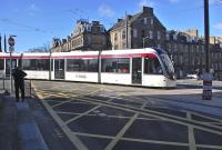 Scene during tram testing on 25 February with Edinburgh tram 258 taking the curve from North St Andrew Street into York Place. <br><br>[Bill Roberton 25/02/2014]