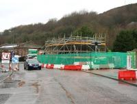 Wheatlands Road, Galashiels, looking north on 26 February 2014. Construction work is now underway on the bridge which will carry the new line over the road here. The Gala Water is just off to the right. [See image 45757]<br><br>[John Furnevel 26/02/2014]