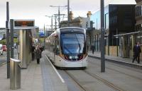 Tram 258 calls at the Haymarket stop during trial running on 25 February.<br><br>[Bill Roberton 25/02/2014]