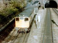 A class 27 on the rear of a Glasgow Queen Street - Edinburgh Waverley shuttle approaching its destination in the summer of 1981. <br><br>[Colin Alexander //1981]