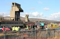 <I>Exercise Mallard</I> at Carnforth on 1 March 2014 tested the emergency services response to a major rail incident in Lancashire. This image, taken from the station platform, shows some of the responder agencies involved working in the West Coast Railways yard. <br><br>[Mark Bartlett 01/03/2014]