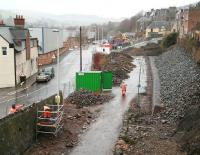 The view north along the trackbed from above Ladhope Tunnel, Galashiels, on 26 February 2014 as work goes on during a lengthy spell of rain. [See image 43490] <br><br>[John Furnevel 26/02/2014]