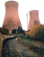 Anyone seen a power station? The rather conspicuous cooling towers at Ironbridge, seen from a stationary train on 15 November 2008. The train is  the Pathfinder Tours <I>Industrious Trader</I>, which was hauled by 37417 and 37401 - not necessarily in that order.<br><br>[Ken Strachan 15/11/2008]