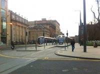 The tram stop at St Andrew Square on 5 March, looking north towards Princes Street.<br><br>[Andy Furnevel 05/03/2014]