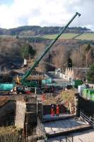 View north across the Gala Water to Kilnknowe Junction on 3 March 2014, showing the bridge works at Wheatlands Road.<br><br>[Ewan Crawford 03/03/2014]