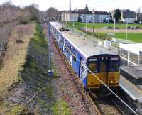 The 15.05 Paisley Canal - Glasgow Central calls at Hawkhead on 10 March 2014.<br><br>[Colin Miller 10/03/2014]