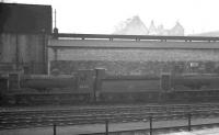 Locomotives stabled alongside the south wall of Hawick shed on a dull day in 1961 include J36 0-6-0 no 65316.<br><br>[K A Gray //1961]