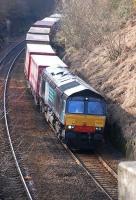 DRS 66432 nears Carmuirs Tunnel under the Forth and Clyde Canal on 11 March with the Daventry - Grangemouth W H Malcolm train.<br><br>[Bill Roberton 11/03/2014]
