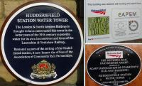 Some of the plaques adorning Huddersfield  Water Tower, home of the Association of Community Rail Partnerships. [See image 46632]<br><br>[John Yellowlees 13/03/2014]