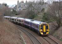 158730 leads the 13.31 from Edinburgh to Dundee away from Aberdour on 16 March.  Trailing is SPT 170478 which is about to be transformed into Saltire livery.<br><br>[Bill Roberton 16/03/2014]