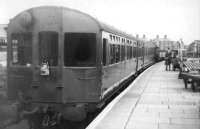 The auto-train for Gobowen stands in the bay at Oswestry in August 1960. [See image 27622] <br><br>[David Stewart /08/1960]