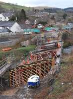 Looking west towards the site of Kilnknowe Junction on 18 March with work currently underway to raise the Gala Water bridge deck.<br><br>[Bill Roberton 18/03/2014]