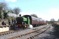 The Swindon & Cricklade Railway's Barclay 0-6-0ST <I>Salmon</I> will soon be on its way to the Royal Deeside Railway. The locomotive is seen here preparing to leave Taw Valley Halt on 23 March 2014. [See image 47203]<br><br>[Peter Todd 23/03/2014]