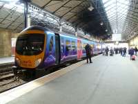 The 11.29 arrival from Liverpool Lime Street stands at Scarborough's platform 3 on 20 March 2014. The train will depart westward on the return journey at 11.48.<br><br>[Bruce McCartney 20/03/2014]