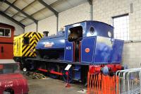 Ex-NCB <I>Hollybane No 3</I>, (Hunslet 0-6-0ST 3783/1953) inside the shed at Brownhills West on the Chasewater Railway on 29 March 2014.<br><br>[Peter Todd 29/03/2014]