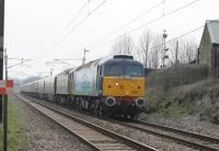 A <I>Northern Belle</I> (Mother's Day Luncheon) excursion heads north through Woodacre on a round trip from Crewe via Manchester to Carnforth and Hellifield. DRS 47841 and 47832 are in charge, the second loco in <I>Pullman</I> livery to match the stock. <br><br>[Mark Bartlett 30/03/2014]